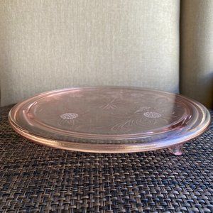 Vintage Pink Depression Glass 3-Footed Sunflower Etched Design Cake Plate.